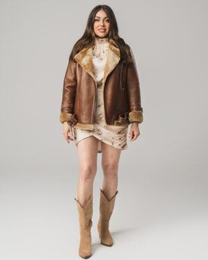 Brązowy kożuch damski pilotka z naturalnej skóry i futrem – kożuszek EMORIS