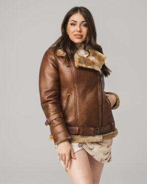 Brązowy kożuch damski pilotka z naturalnej skóry i futrem – kożuszek EMORIS