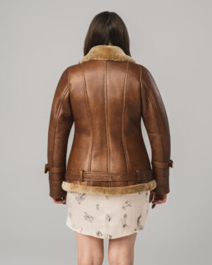 Brązowy kożuch damski pilotka z naturalnej skóry i futrem – kożuszek EMORIS