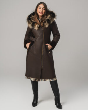 Brązowy kożuch damski z futrem i asymetrycznym zamkiem – kożuszek naturalny