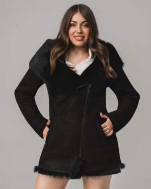 Czarny kożuch damski z naturalnej skóry i futrem – kożuszek EMORIS