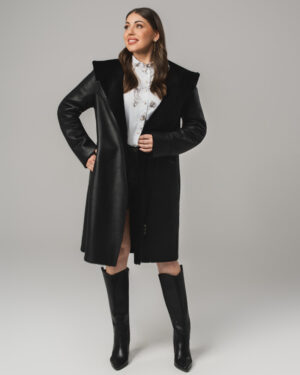 Czarny kożuch damski z naturalnej skóry z kapturem – kożuszek damski