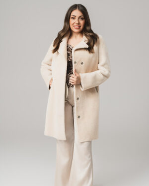 Beżowy kożuch damski z naturalnej skóry i futrem – elegancki kożuszek EMORIS