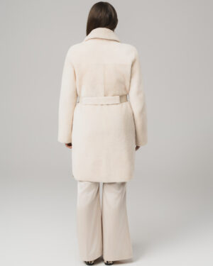 Beżowy kożuch damski z naturalnej skóry i futrem – elegancki kożuszek EMORIS