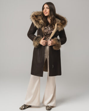 Brązowy kożuch damski z naturalnej skóry i futrem – kożuszek EMORIS