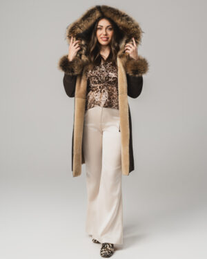 Brązowy kożuch damski z naturalnej skóry i futrem – kożuszek EMORIS