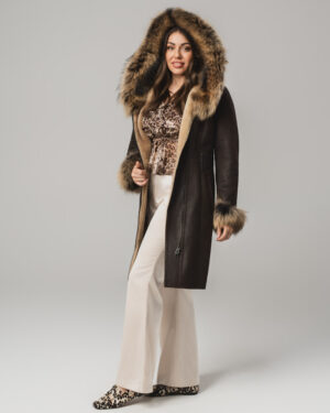 Brązowy kożuch damski z naturalnej skóry i futrem – kożuszek EMORIS