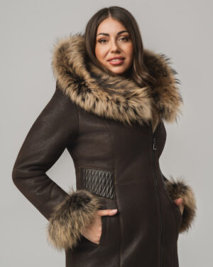 Brązowy kożuch damski z naturalnej skóry i futrem – kożuszek EMORIS