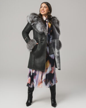Grafitowy kożuch damski z futrzanym kołnierzem i mankietami – kożuszek naturalny
