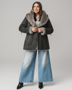 Grafitowy kożuch damski z naturalnej skóry i futrem – kożuszek EMORIS