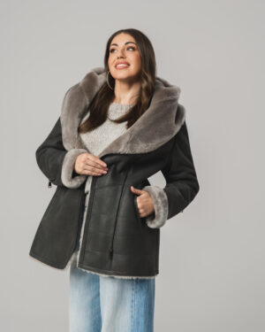 Grafitowy kożuch damski z naturalnej skóry i futrem – kożuszek EMORIS