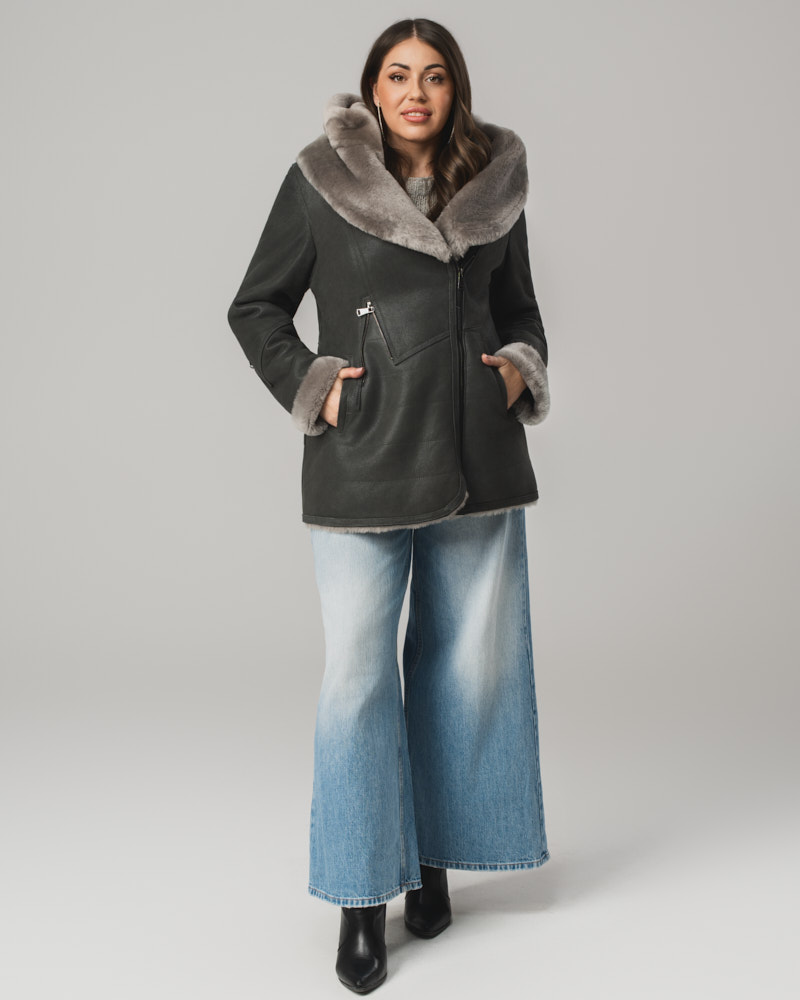 Grafitowy kożuch damski z naturalnej skóry i futrem – kożuszek EMORIS