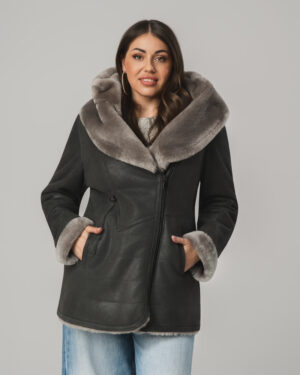 Grafitowy kożuch damski z naturalnej skóry i futrem – kożuszek EMORIS