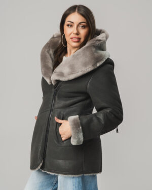Grafitowy kożuch damski z naturalnej skóry i futrem – kożuszek EMORIS