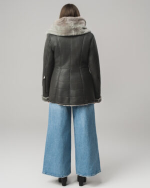 Grafitowy kożuch damski z naturalnej skóry i futrem – kożuszek EMORIS