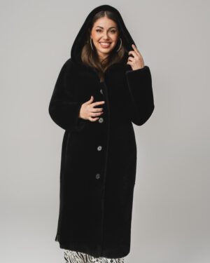 Czarny kożuch damski dwustronny z naturalnej skóry i futrem z kapturem