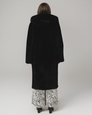 Czarny kożuch damski dwustronny z naturalnej skóry i futrem z kapturem